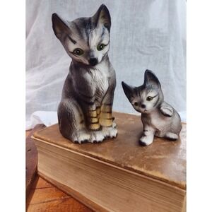 Vintage Ceramic Grey Tabby Cat and Kitten Figurine Set Hand Painted Green Eyes